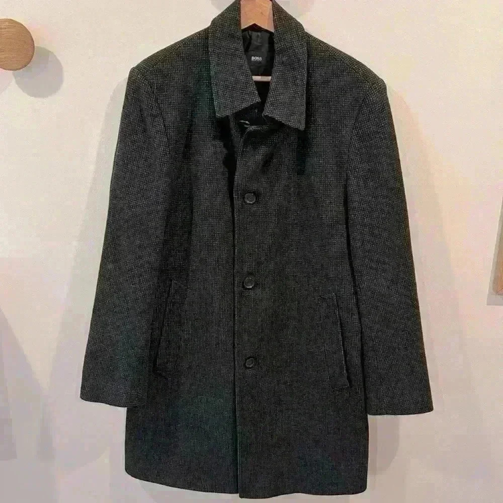 Hugo Boss Men’s Wool Overcoat Pea Coat Winter Coat Black Gray Woven Size 38R